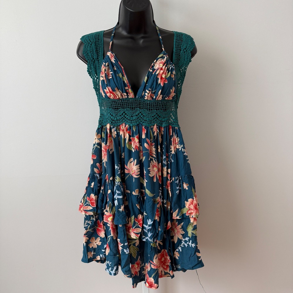 Jaase S Teal Floral Mini Dress Crochet Halter Fairy Tiered‎ Boho Festival